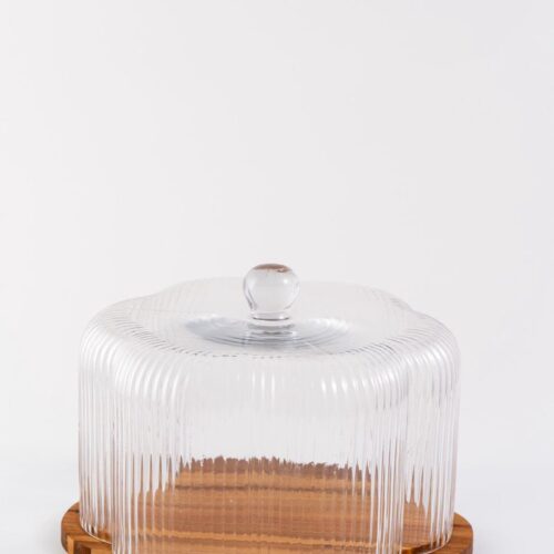 Mevaz - Borosilicaat Taartplateau met Bamboe Onderbord - Ø22.5 cm - Luxe Taartplateau - Deksel met Greep - Elegant Design