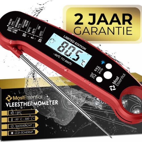 MostEssential Premium Vleesthermometer - BBQ Thermometer - Kernthermometer - Suikerthermometer - Keukenthermometer - Digitaal - Draadloos - Waterdicht - Rood