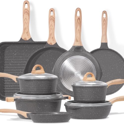Pannenset 23 Stuks met Granieten Antiaanbaklaag - Inductie Kookpannenset met Deksel, Braadpan, Grillpan, Kookpan en Crêpe-pan