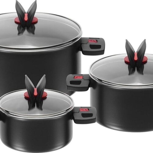Pannenset 3-delig met glazen deksels en anti-aanbaklaag - aluminium kunststof handgrepen - zwart Pannenset