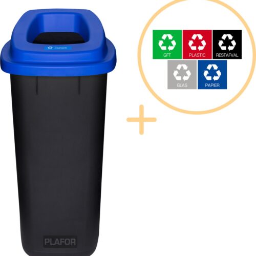 Plafor Sort Bin, Prullenbak voor afvalscheiding - 90L - Zwart/Blauw - Inclusief 5-delige Stickerset - Afvalbak voor gemakkelijk Afval Scheiden en Recycling - Afvalemmer - Vuilnisbak voor Huishouden, Keuken en Kantoor - Afvalbakken - Recyclen