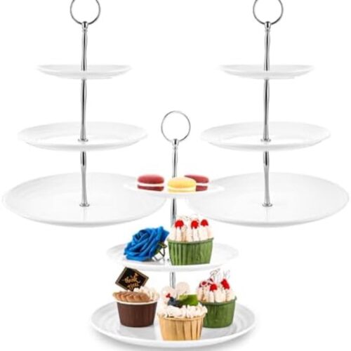 PolkaHome 3 stuks etagères, wit, 3 verdiepingen, diameter 14,5 cm/19,5 cm/24,5 cm, hoogte 33,5 cm, herbruikbaar, voor muffins, cupcakes, fruit, gebak