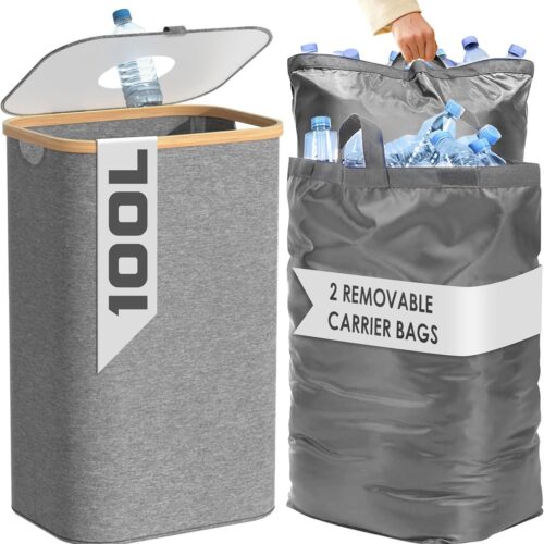 PromoHome Keuken Afvalbak met 2 XXL Draagtassen - 100 Liter Grijze Afvalemmer voor Recyclen en Afvalscheiding - Opvouwbare Prullenbak voor Statiegeldflessen en Glas