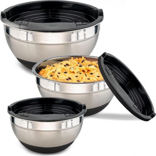 Roestvrijstalen mengkommen met deksel - Antislip - Luchtdicht - Met maatverdeling - Ruimtebesparend - Ideaal om te mengen - Set van 3