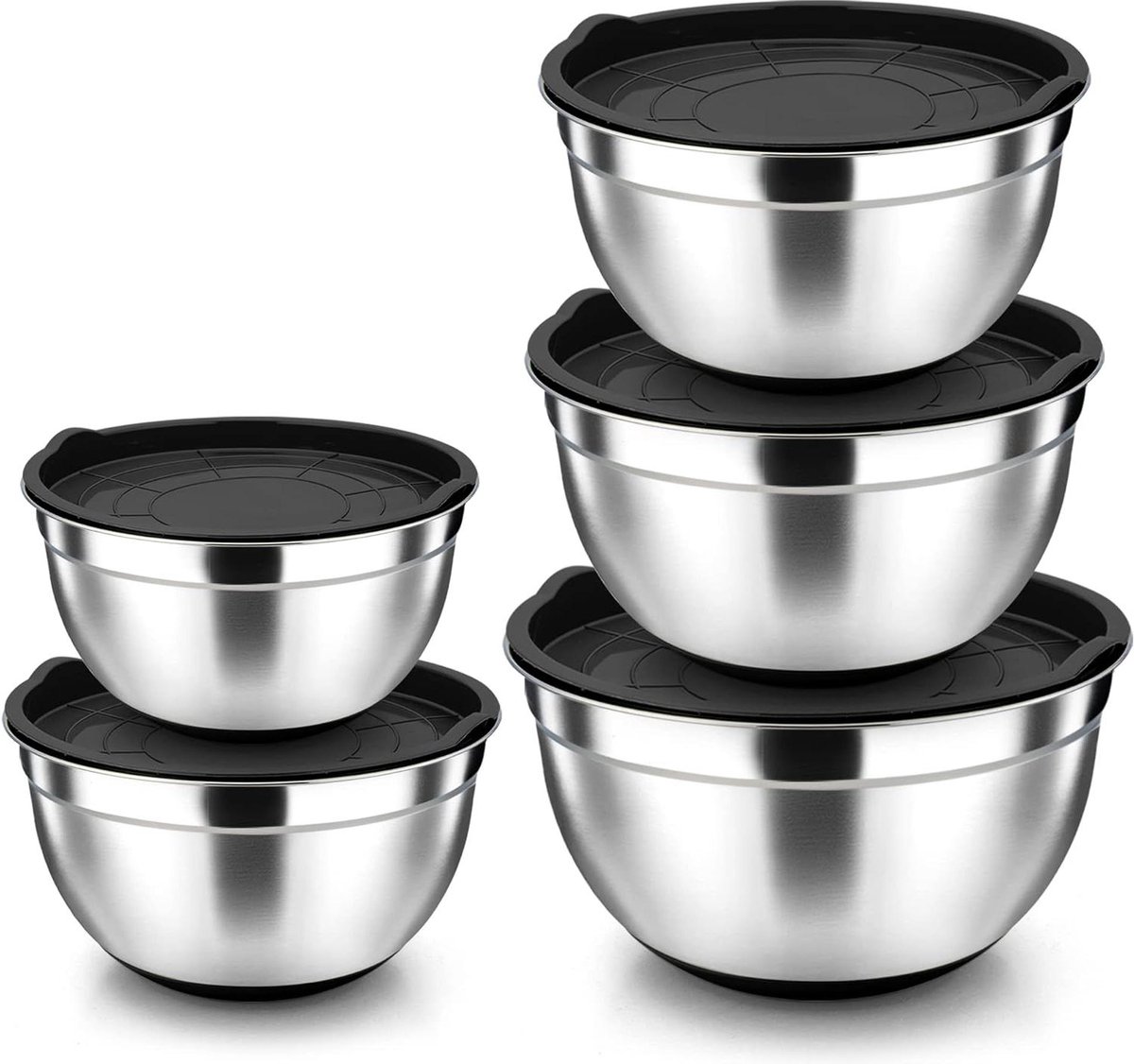 roestvrijstalen slakom set met zwarte deksel en antislip siliconen bodem | 5 delige metalen komset | om te bakken | roestvrij en vaatwasmachinebestendig | 45/27/15/12/07 liter Roestvrijstalen slakom-set met zwarte deksel en antislip siliconen bodem | 5-delige metalen komset | om te bakken | roestvrij en vaatwasmachinebestendig | 45/27/15/12/07 liter