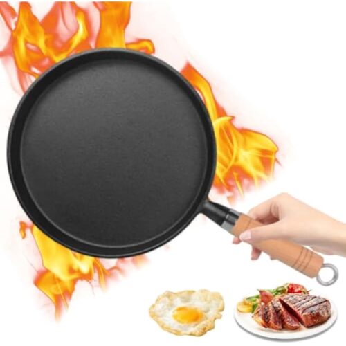 Ronde Gietijzeren Grillpan 20 cm - Inductie Pan met Houten Handvat - Duurzame Koekenpan - Voor Grillen & Braden