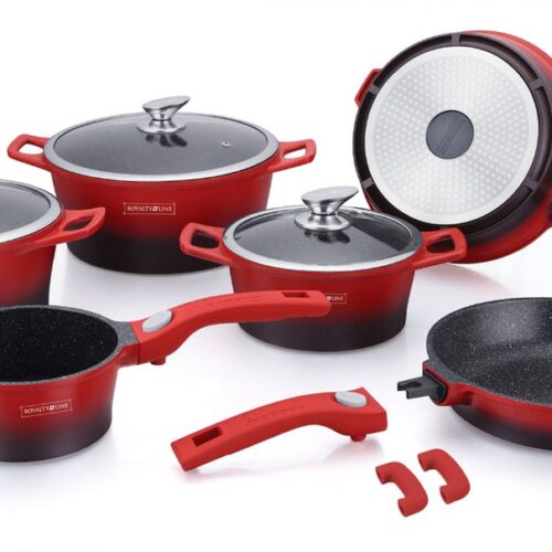 Royalty Line Inductie Pannenset - Luxe 14-delige Pannenset Marmeren Coating - Pannen Met Afneembare Handvaten - Oven-Ready - PFAS-Vrij - Voor Alle Warmtebronnen - Afneembare Koudgrepen - Antiaanbaklaag - Koekenpan Met Glazen Deksels - Rood/Zwart