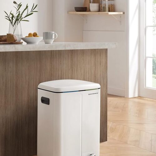 SONGMICS Afvalemmer, 40 liter, met 2 vakken, 2 x 20L, Afvalemmer, pedaalemmer van metaal, Binnenemmer van kunststof, met klapdeksel en handgrepen, Softclose, luchtdicht, wit LTB40WT
