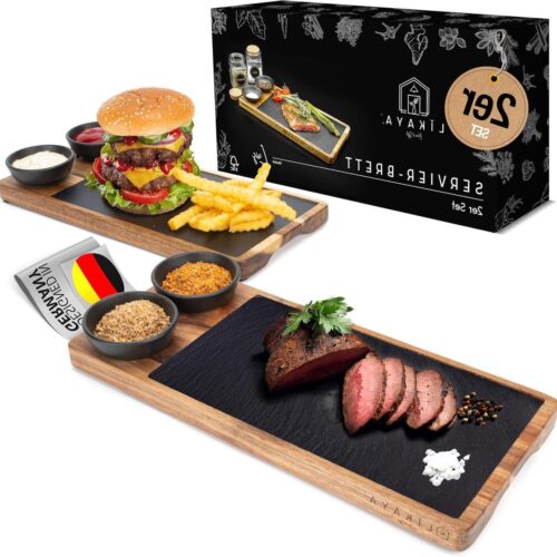 Serveerplank 2-delige set van FSC-acaciahout met leisteen plaat & sauzen kommen - serveerplank steakplank grill accessoires - cadeau voor steak burgers sushi