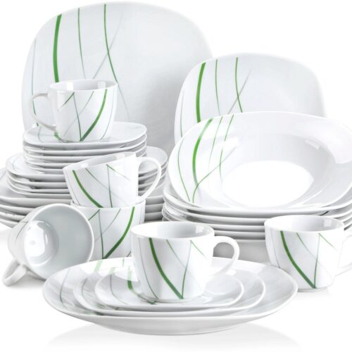 Serviesset - Porselein - Keramiek - 30 Delig - 6 Persoons - Ivoor wit - Groen lijn - Dinnerbord - Dessertbord - Soepbord - Kop&Schotel - Vaatwasbestendig - Magnetronbestendig