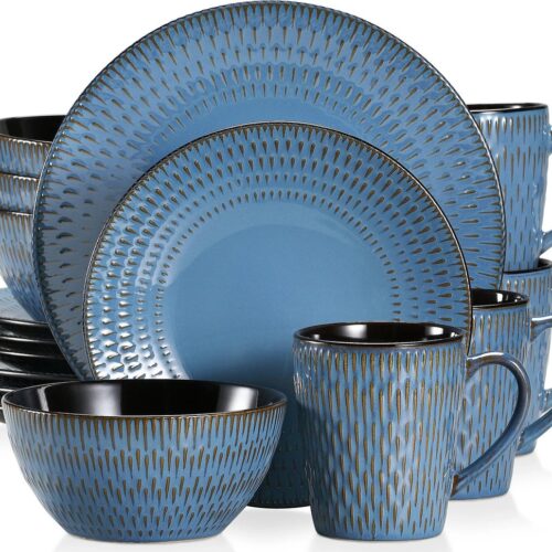 Serviesset - Serviessets - Serviesset 4 persoons - Blauw Reliëf - Porselein - 16-Delig Servies - Dinerbord - Dessertbord - Kom - Mok