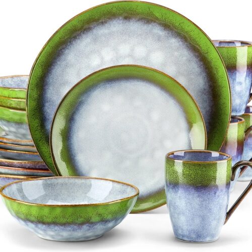 Serviesset - Serviessets - Serviesset 4 persoons - Blauwgroen- Porselein - 16-Delig Servies - Dinerbord - Dessertbord - Kom - Mok