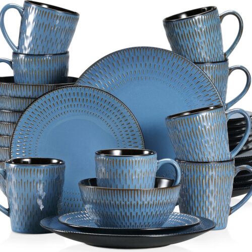 Serviesset - Serviessets - Serviesset 8 persoons - Blauw Reliëf - Porselein - 32-Delig Servies - Dinerbord - Dessertbord - Kom - Mok