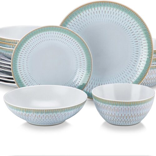 Serviesset - Serviessets - Serviesset 8 persoons - Lichtgroen Reliëf - Porselein - 32-Delig Servies - Dinerbord - Dessertbord - Kom - Soepkom