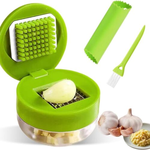 Set met Knoflookpers - 2 Knoflooksnijders - Siliconen Knoflookschiller - Schoonmaakborstel - RVS Snijbladen - Voor Knoflook - Gember - Fruit en Noten - Vaatwasserbestendig