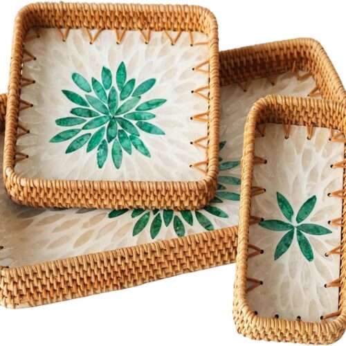 Set van 3 15 inch rotan gevlochten serveerschaalmand met handgrepen, Boho rieten salontafeldecoratie serveerschaal, handgemaakte displaymand