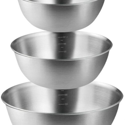 Set van 3 roestvrijstalen kommen,Met een schaal, 3 saladekommen van verschillende grootte (1,2L, 1,8L, 2,5L), roestvrijstalen mengkommen, stapelbaar en vaatwasserbestendig,Zilver