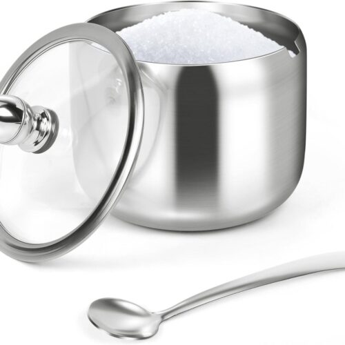 Stainless Steel Suikerpot met Glazen Deksel en Lepel - 10 oz