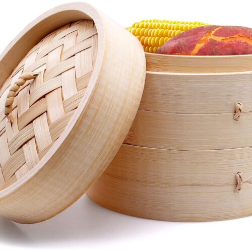 TRANKIELO® - Bamboe stoompan 21 cm - 2 etages met deksel en siliconen stoommatten - Gezond stomen van groenten en vlees