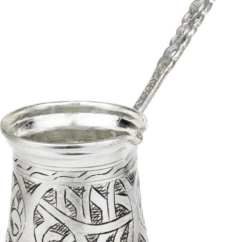 Turkse Koffiepot: Verzilverd Koperen Cezve Koffiepot met Gesneden Ontwerp voor Turkse Koffie | Ibrik Arabisch Koffiepot | Handgemaakte Ottomaanse Gehamerde Koperen Pot & Vintage Lepel | 6 Porties