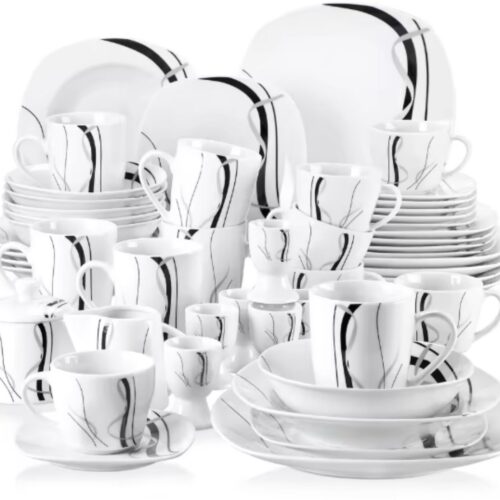 Velvet Ontbijtborden - 50 delig- 6 persoons - Wit met zwarte streep -Keramisch - Eetborden - Kleine Borden