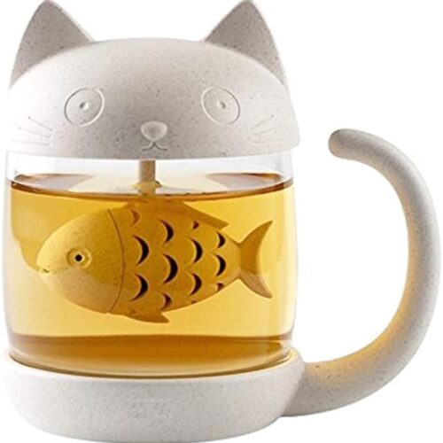 Vitdipy - Theebeker kat - Theeglas - Met geïntegreerd thee-ei - Theeglazen - Theezeef - Cat Cup - Kattenbeker - Theefilter - Transparant glas - 250ml