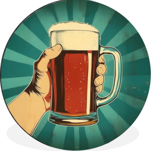 WallCircle - Wandcirkel - Muurcirkel - Bierglas - Schuim - Retro - Groen - Aluminium - Dibond - 140x140 cm - Binnen en Buiten