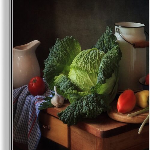 Wanddecoratie Metaal - Aluminium Schilderij Industrieel - Stilleven - Kool - Melkkan - 50x50 cm - Dibond - Foto op aluminium - Industriële muurdecoratie - Voor de woonkamer/slaapkamer