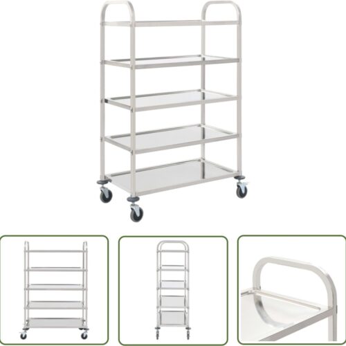 vidaXL Servies Wagen - Keuken Trolley - Keukentrolley 5-laags 107x55x147 cm roestvrij staal - Roestvrijstaal Trolley - 5 Lagen Trolley - Keuken Organisatie