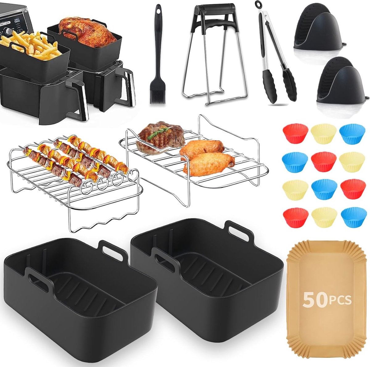 22 stuks hete friteuse accessoires siliconen bakvormen, roestvrijstalen grill en vaatwasmachinebestendig 22 Stuks Hete Friteuse Accessoires - Siliconen Bakvormen, Roestvrijstalen Grill en Vaatwasmachinebestendig