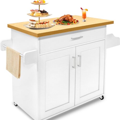 Keukeneilandtrolley Op Wielen Keukentrolley Verrijdbare Keukentrolley Met Werkblad Opbergkast Keukenkast, Trolley Keukeneiland Groentetrolley Met Wijnrek 115x36x90 Cm (Wit)