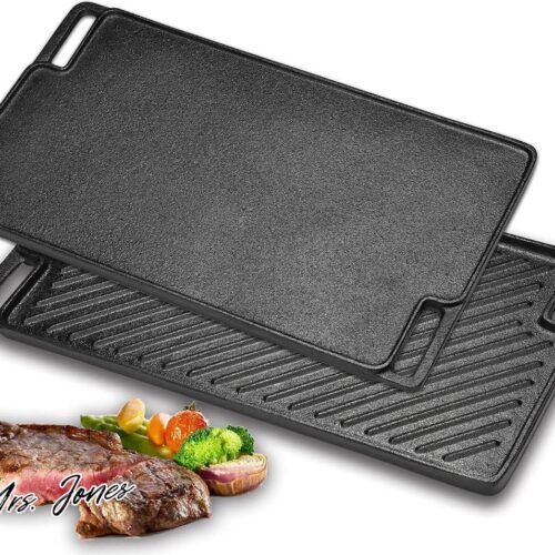 Mrs. Jones Gietijzeren grillpan dubbelzijdig bruikbaar voor gasfornuizen en elektrische grill - barbecue camping tuin - 455 x 26 cm .