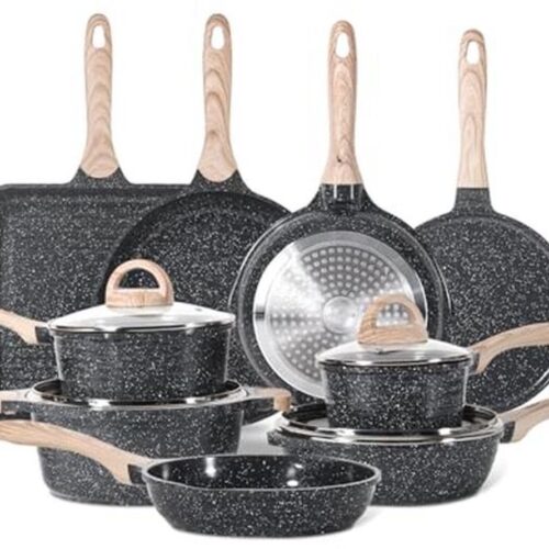 Pannenset 28-delig met granieten anti-aanbaklaag voor inductiekoken - kookpannen, braadpan, grillpan en crêpe-pan