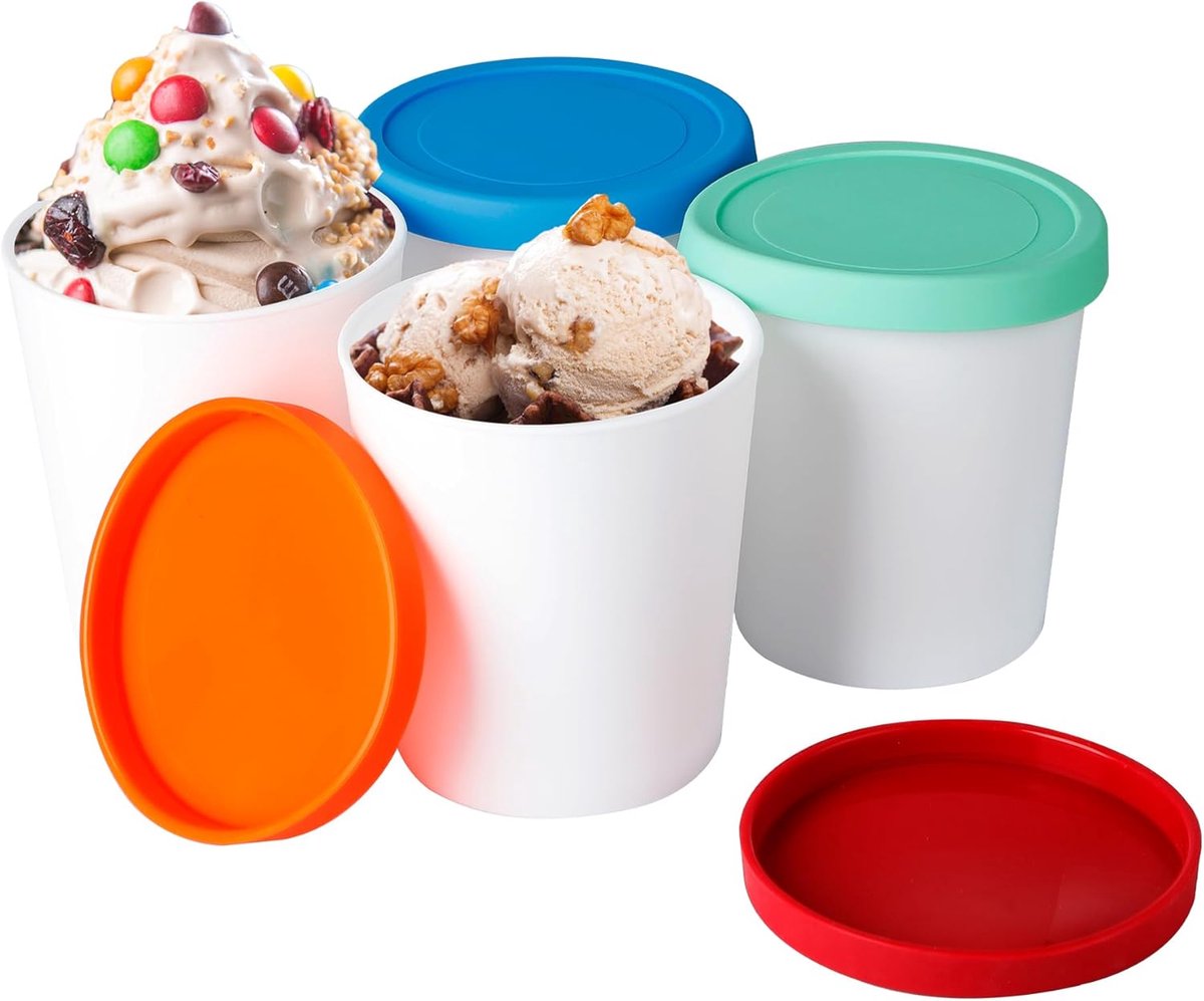4 stuks ijsbekers met siliconen deksel 1000ml ijscontainers in rood, oranje, blauw en groen herbruikbare ijscrème bewaarbakjes 14 x 12,7 cm voor zelfgemaakte ijs, desserts en sorbets luchtdicht & vriezerbestendig opbergbakje 4 stuks - IJsbekers met siliconen deksel - 1000ml ijscontainers in rood, oranje, blauw en groen - Herbruikbare ijscrème bewaarbakjes - 14 x 12,7 cm - Voor zelfgemaakte ijs, desserts en sorbets - Luchtdicht & vriezerbestendig opbergbakje