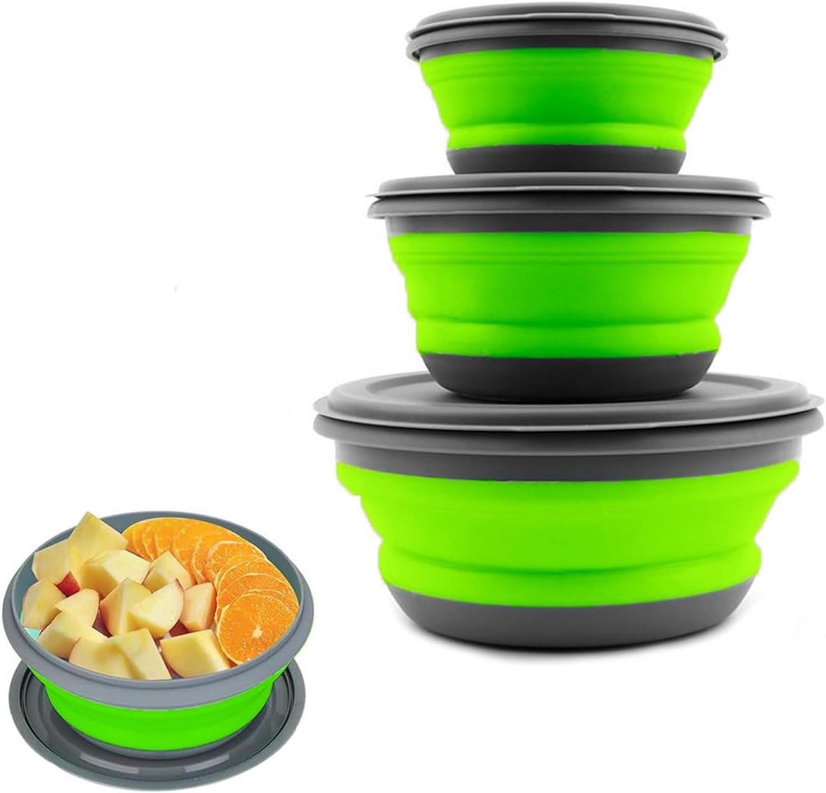 siliconen draagbare camping kom met deksel opvouwbaar set van 3 voor kamperen, wandelen, buitenshuis gras groen Siliconen Draagbare Camping Kom met Deksel - Opvouwbaar - Set van 3 - Voor Kamperen, Wandelen, Buitenshuis - Gras Groen