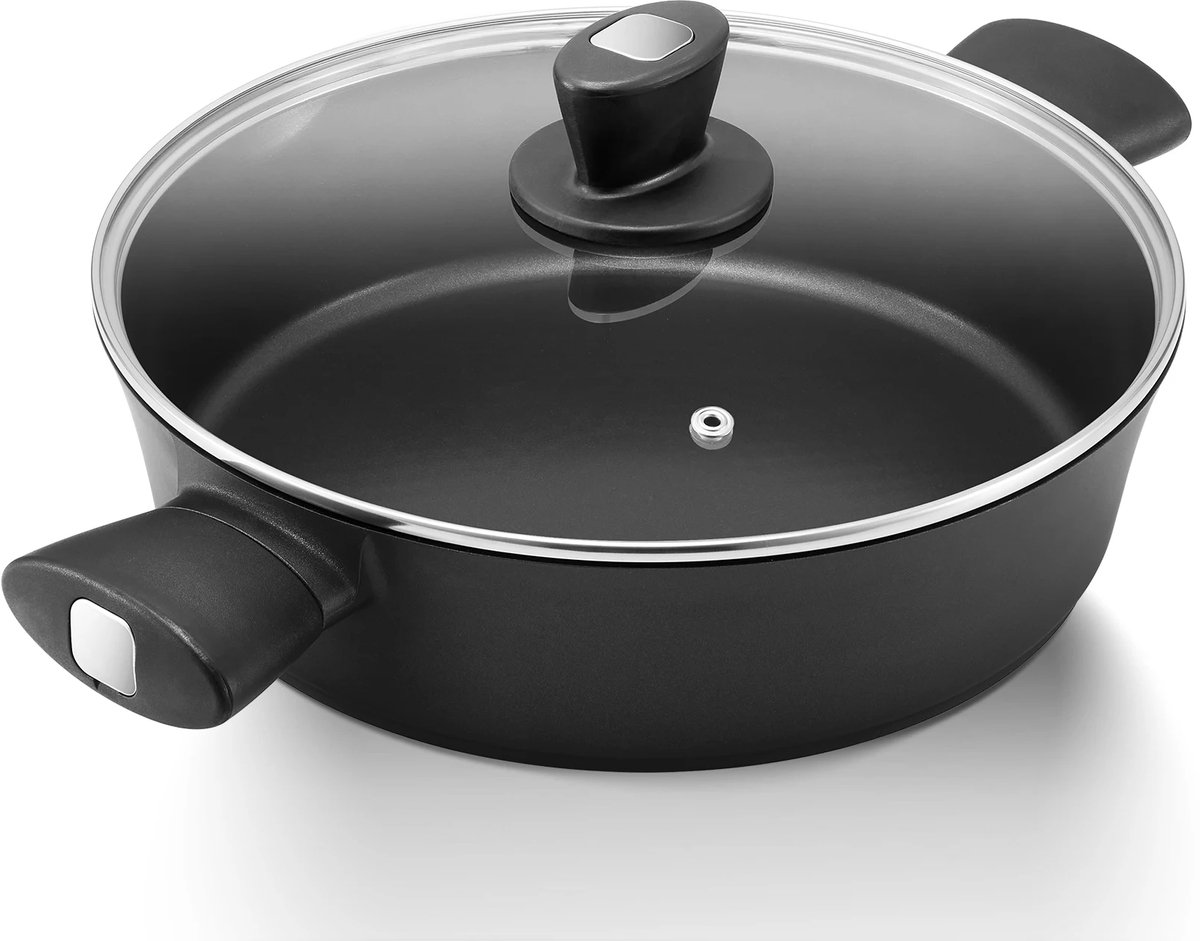 sensova inductie koekenpan met deksel 28 cm duurzame sauteerpan met hoge rand, antiaanbaklaag, schenktuit en koele siliconen handgrepen, geschikt voor alle warmtebronnen, ideaal voor bakken, roerbakken en stoven Sensova inductie koekenpan met deksel 28 cm - duurzame sauteerpan met hoge rand, antiaanbaklaag, schenktuit en koele siliconen handgrepen, geschikt voor alle warmtebronnen, ideaal voor bakken, roerbakken en stoven